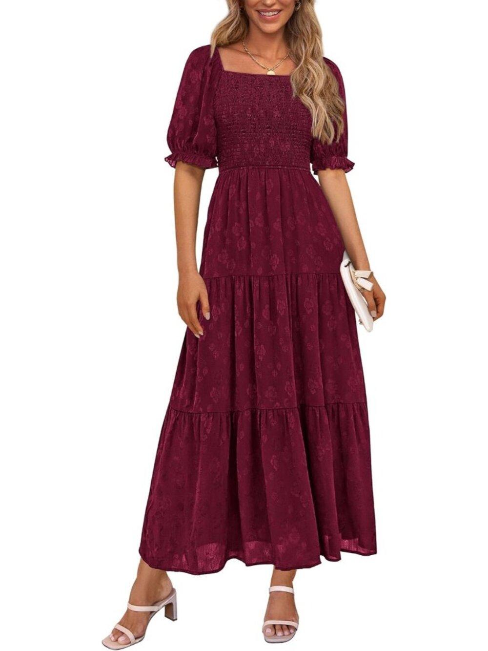 Women's Wine Red Summer Square Neck Short Sleeve Elegant Midi Party Dresses